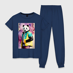 Пижама хлопковая женская Панда в модной куртке - акварель, цвет: тёмно-синий