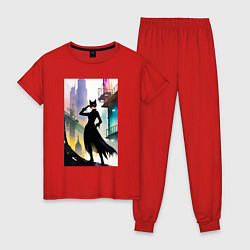 Пижама хлопковая женская Леди-кошка - Нью-Йорк, цвет: красный