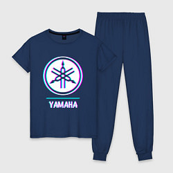 Пижама хлопковая женская Значок Yamaha в стиле glitch, цвет: тёмно-синий