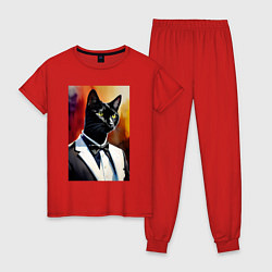 Пижама хлопковая женская Gentleman cat - meme - neural network, цвет: красный