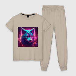 Пижама хлопковая женская Кибер-волк в неоновом свете, цвет: миндальный