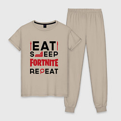 Пижама хлопковая женская Надпись: eat sleep Fortnite repeat, цвет: миндальный