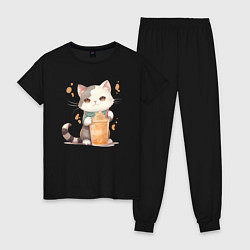 Пижама хлопковая женская Кот с латте, цвет: черный
