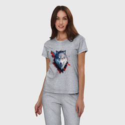 Пижама хлопковая женская Голова волка - рисунок с пятнами краски, цвет: меланж — фото 2