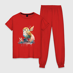 Пижама хлопковая женская Акварельная милая сова, цвет: красный