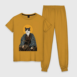 Пижама хлопковая женская Samurai one - eyed cat, цвет: горчичный