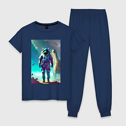 Пижама хлопковая женская Космонавт на планете динозавров - нейросеть, цвет: тёмно-синий