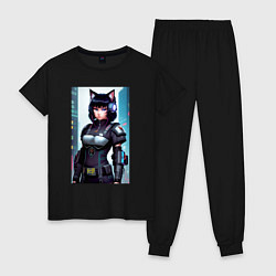 Пижама хлопковая женская Девчонка-кошка - киберпанк - нейросеть, цвет: черный