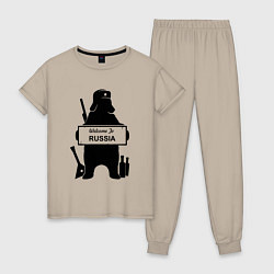 Пижама хлопковая женская Россия медведь балалайка водка ушанка, цвет: миндальный
