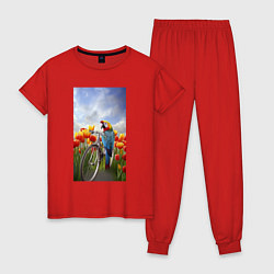 Пижама хлопковая женская Попугай на велосипеде, цвет: красный