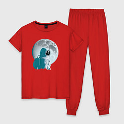 Пижама хлопковая женская Астронавт и Луна - нейросеть, цвет: красный