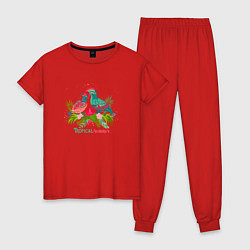 Пижама хлопковая женская Влюбленные попугаи среди тропических листьев, цвет: красный