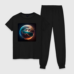 Пижама хлопковая женская Сюрреалистичная планета, цвет: черный
