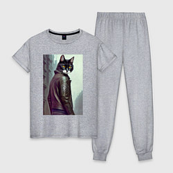 Пижама хлопковая женская Модный котяра - Лондон - нейросеть, цвет: меланж