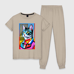 Пижама хлопковая женская Стильный кот - поп-арт, цвет: миндальный