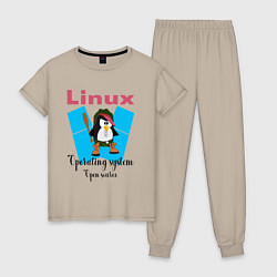 Пижама хлопковая женская Пингвин линукс в шляпе, цвет: миндальный