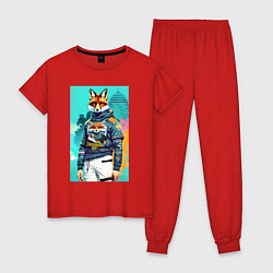 Пижама хлопковая женская Лис-модник - нейросеть - акварель, цвет: красный