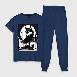 Пижама хлопковая женская Волк в ночном городе - нейросеть, цвет: тёмно-синий
