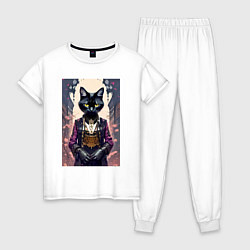 Пижама хлопковая женская Модная чёрная кошечка в перчатках, цвет: белый