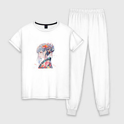 Пижама хлопковая женская Аниме девушка с цветами в волосах, цвет: белый