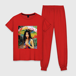 Пижама хлопковая женская Тропический дождь, цвет: красный