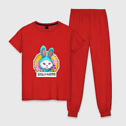 Пижама хлопковая женская Кот в костюме кролика оставайся дома, цвет: красный