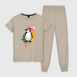 Пижама хлопковая женская Красочный пингвин, цвет: миндальный