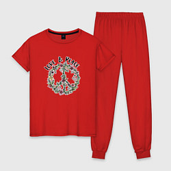 Пижама хлопковая женская Хиппи знак мира цветочный пастельный peace and lov, цвет: красный