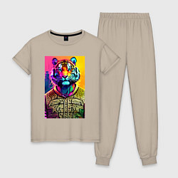 Пижама хлопковая женская Городской тигр - нейросеть, цвет: миндальный