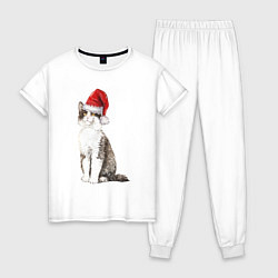 Пижама хлопковая женская Пятнистый кот в новогодней шапочке, цвет: белый