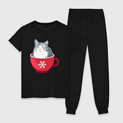 Пижама хлопковая женская Котик в кружке со снежинкой, цвет: черный