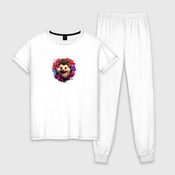 Пижама хлопковая женская Милый ёжик в цветах, цвет: белый