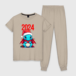 Пижама хлопковая женская Милый дракончик 2024, цвет: миндальный