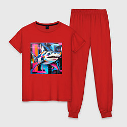 Пижама хлопковая женская Разноцветная акула, цвет: красный