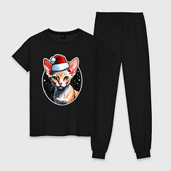 Пижама хлопковая женская Кот породы Девон-рекс в новогодней шапке, цвет: черный