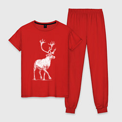 Пижама хлопковая женская Северный олень белый спереди, цвет: красный