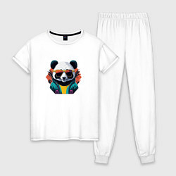 Пижама хлопковая женская Стильная панда в очках, цвет: белый