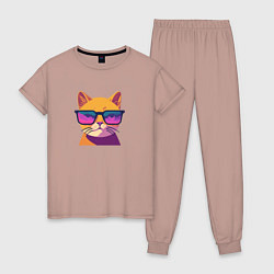 Пижама хлопковая женская Кот в стильных очках, цвет: пыльно-розовый