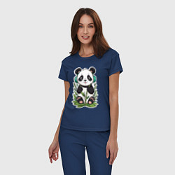 Пижама хлопковая женская Медвежонок панды в наушниках, цвет: тёмно-синий — фото 2