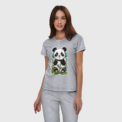 Пижама хлопковая женская Медвежонок панды в наушниках, цвет: меланж — фото 2