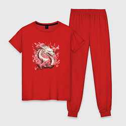 Пижама хлопковая женская Драконы и сакура, цвет: красный