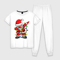 Пижама хлопковая женская Санта Клаус и гирлянда, цвет: белый