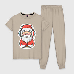 Пижама хлопковая женская Дед Мороз в наушниках, цвет: миндальный