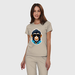 Пижама хлопковая женская Портрет обезьяны в темных очках, цвет: миндальный — фото 2