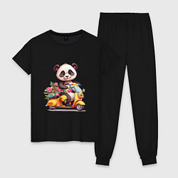 Пижама хлопковая женская Панда на мопеде, цвет: черный