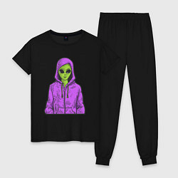 Пижама хлопковая женская Инопланетянин в худи, цвет: черный