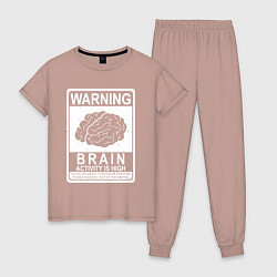 Пижама хлопковая женская Warning - high brain activity, цвет: пыльно-розовый