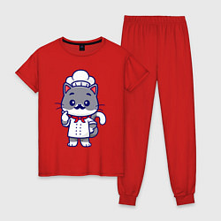 Пижама хлопковая женская Кот усатый повар, цвет: красный