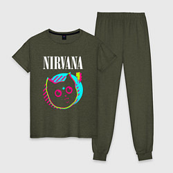 Пижама хлопковая женская Nirvana rock star cat, цвет: меланж-хаки