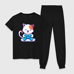 Пижама хлопковая женская Котик с джойстиком, цвет: черный
